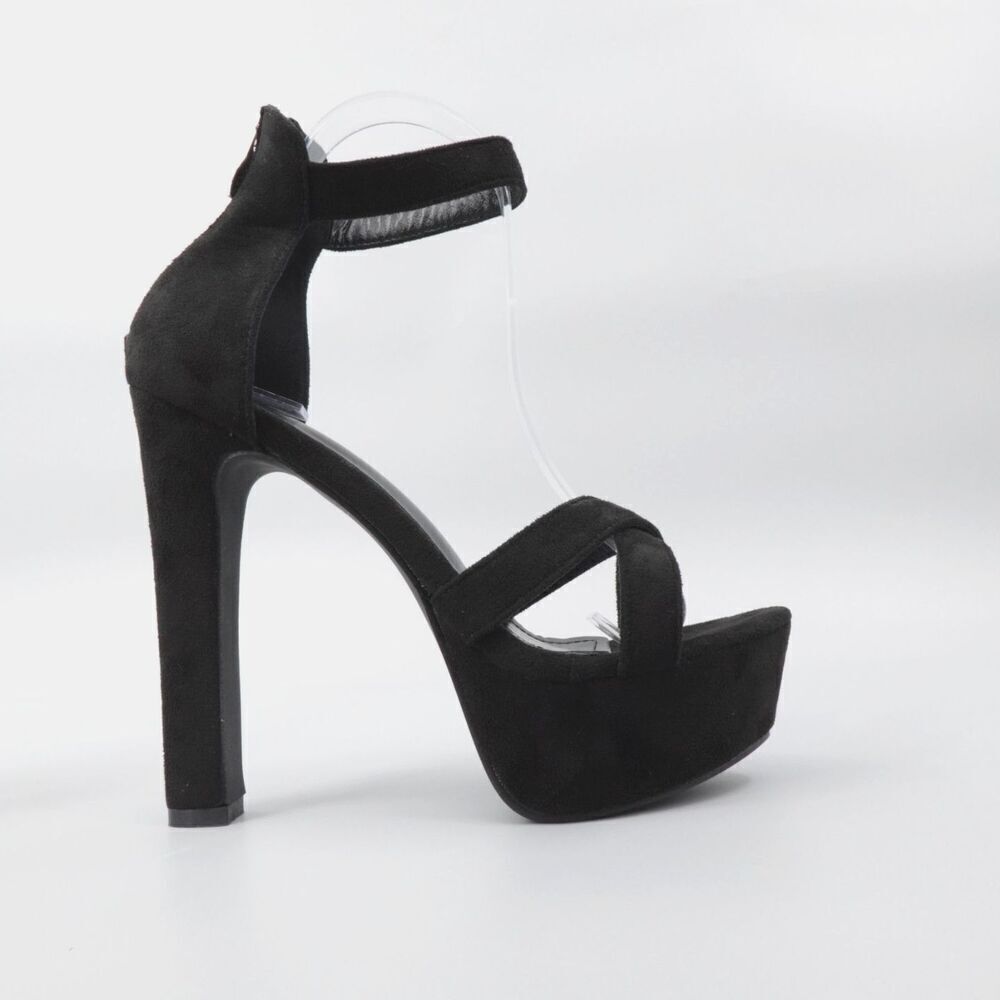 Black Chunky Platform Heels Faux Suede Ankle Strap Whimsigoth Retro Prom hoco